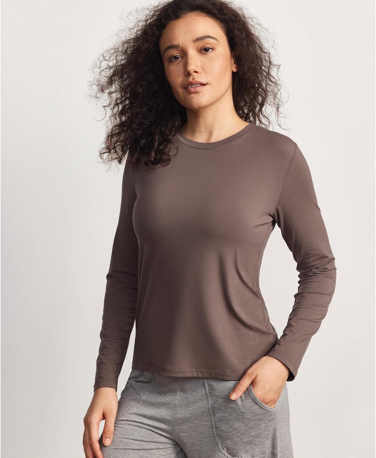 imageGYS Womens Pajama Tops Bamboo Viscose Soft and MoistureWicking Long Sleeve Underwear Base LayerCrew Neckkhaki