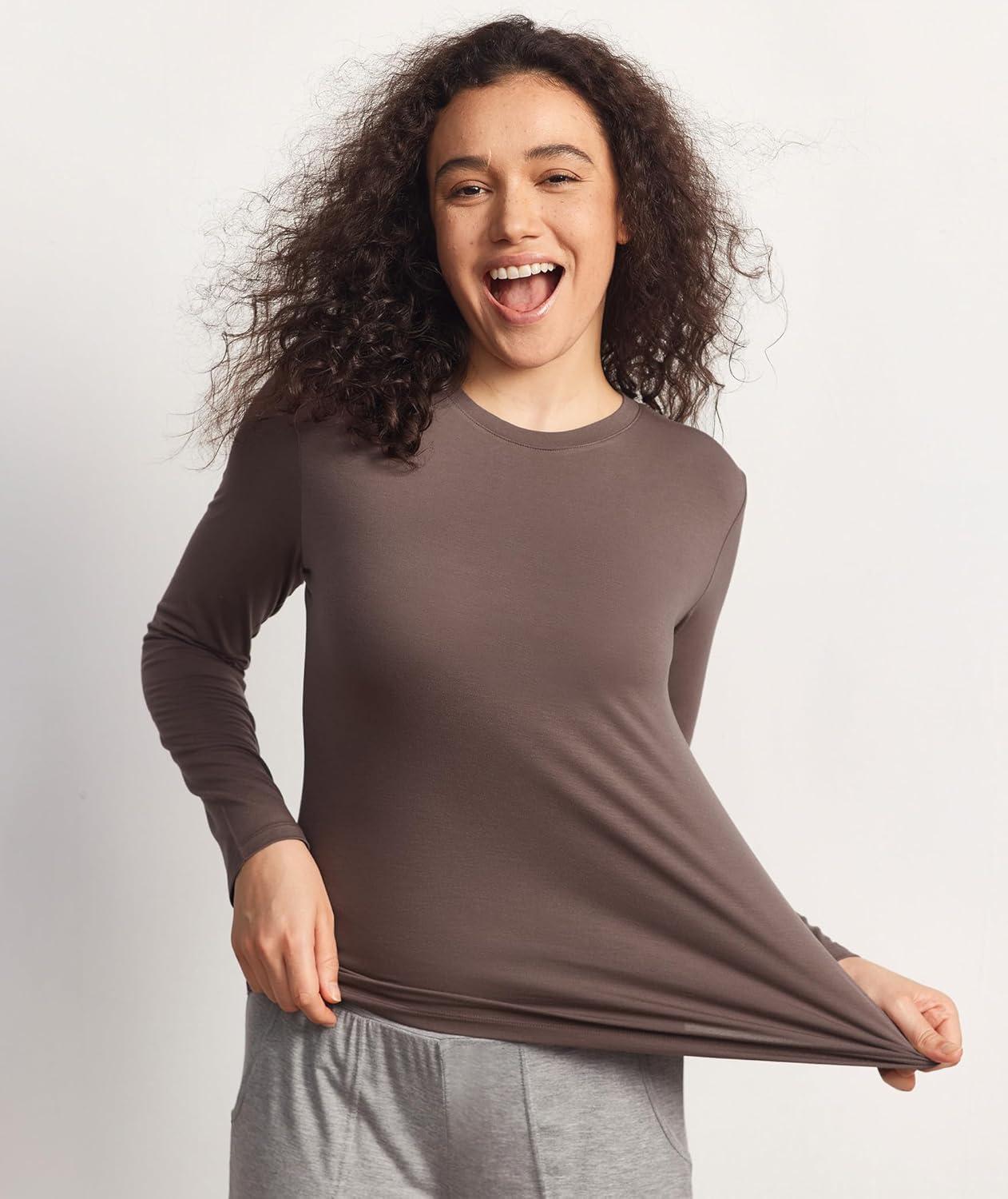 imageGYS Womens Pajama Tops Bamboo Viscose Soft and MoistureWicking Long Sleeve Underwear Base LayerCrew Neckkhaki