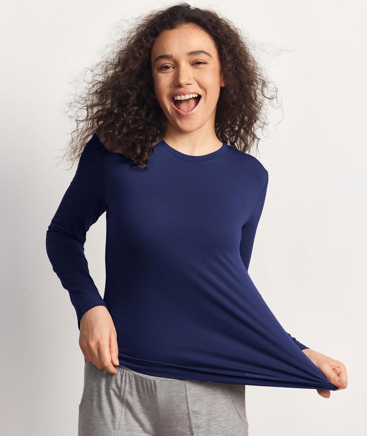 imageGYS Womens Pajama Tops Bamboo Viscose Soft and MoistureWicking Long Sleeve Underwear Base LayerCrew Necknavy