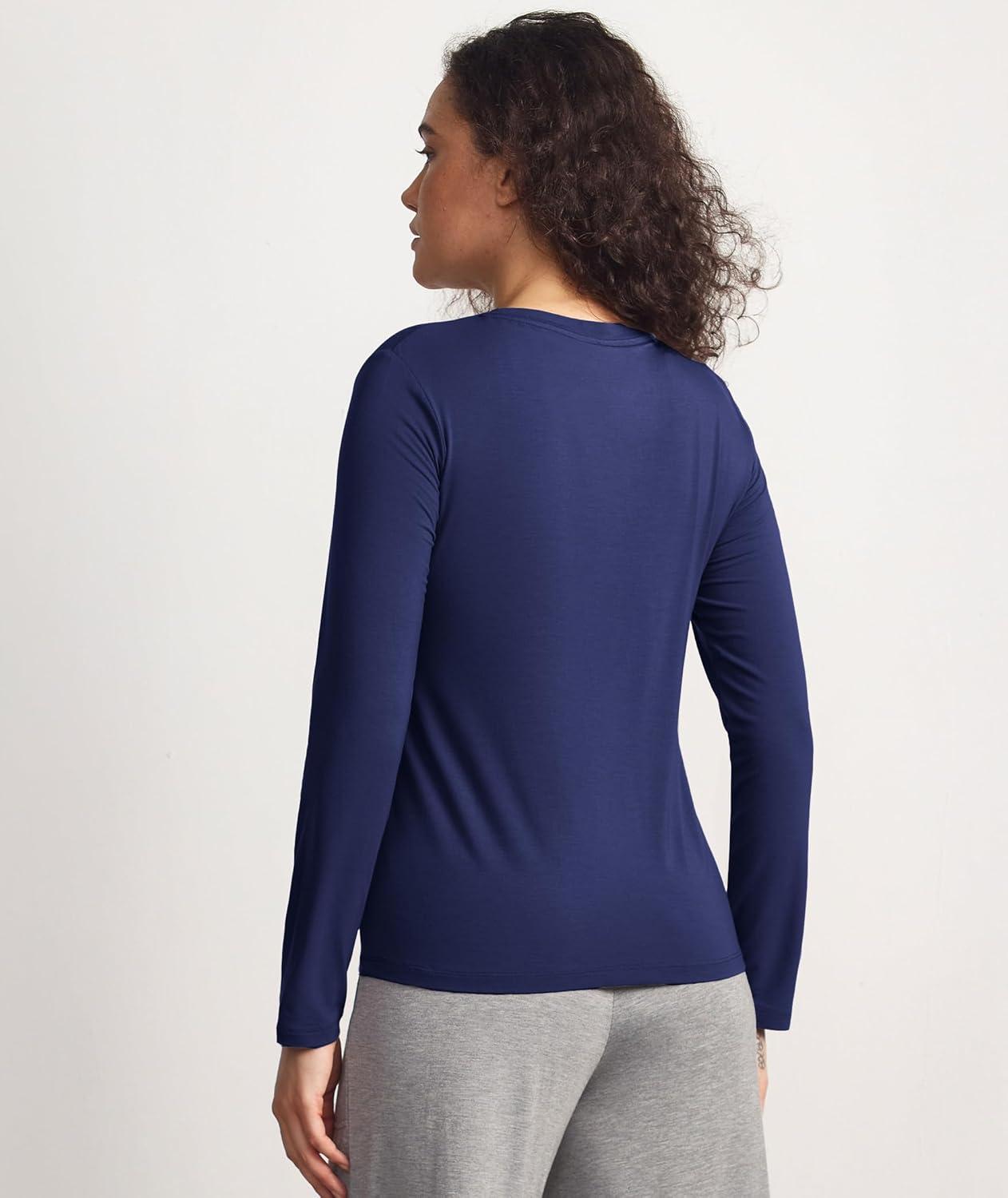 imageGYS Womens Pajama Tops Bamboo Viscose Soft and MoistureWicking Long Sleeve Underwear Base LayerCrew Necknavy