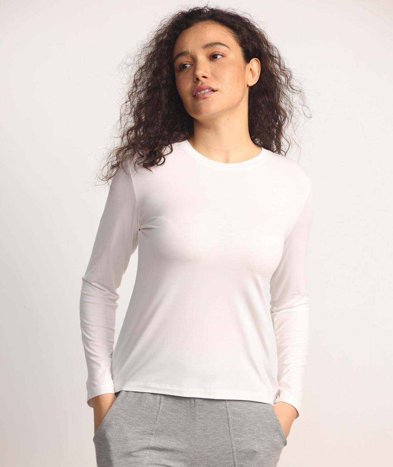 imageGYS Womens Pajama Tops Bamboo Viscose Soft and MoistureWicking Long Sleeve Underwear Base LayerCrew Neckwhite