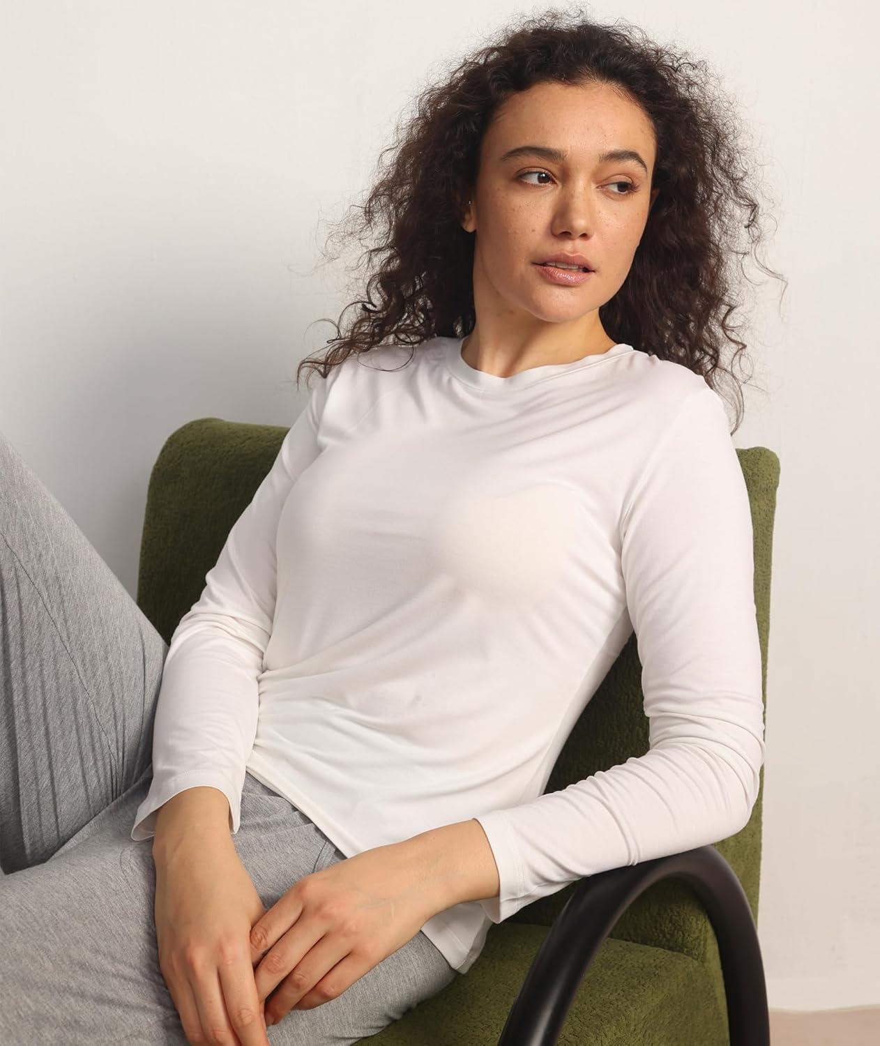 imageGYS Womens Pajama Tops Bamboo Viscose Soft and MoistureWicking Long Sleeve Underwear Base LayerCrew Neckwhite