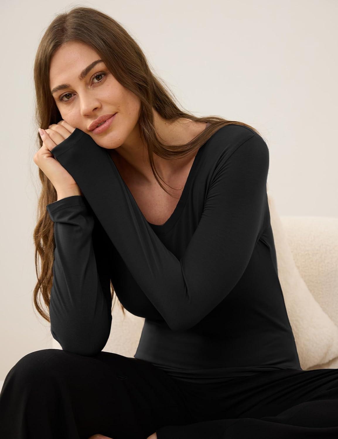 imageGYS Womens Pajama Tops Bamboo Viscose Soft and MoistureWicking Long Sleeve Underwear Base LayerV Neckblack