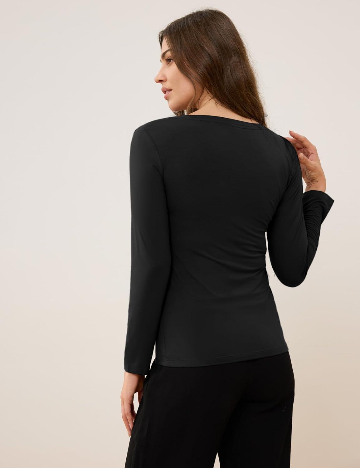 imageGYS Womens Pajama Tops Bamboo Viscose Soft and MoistureWicking Long Sleeve Underwear Base LayerV Neckblack