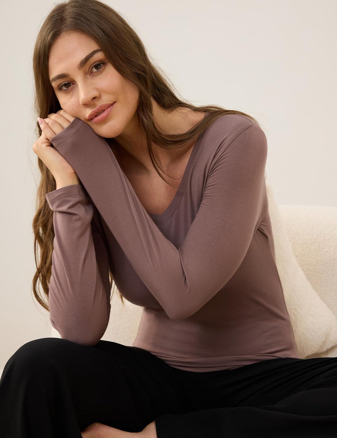 imageGYS Womens Pajama Tops Bamboo Viscose Soft and MoistureWicking Long Sleeve Underwear Base LayerV Neckkhaki