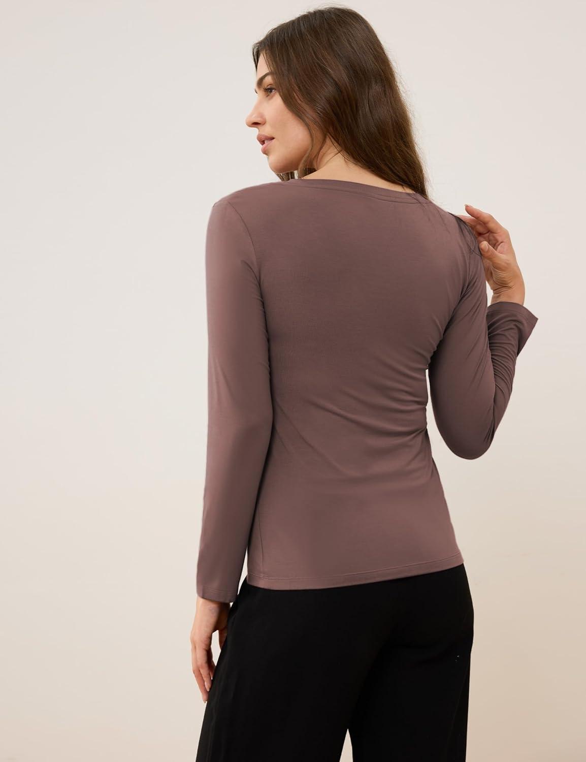 imageGYS Womens Pajama Tops Bamboo Viscose Soft and MoistureWicking Long Sleeve Underwear Base LayerV Neckkhaki