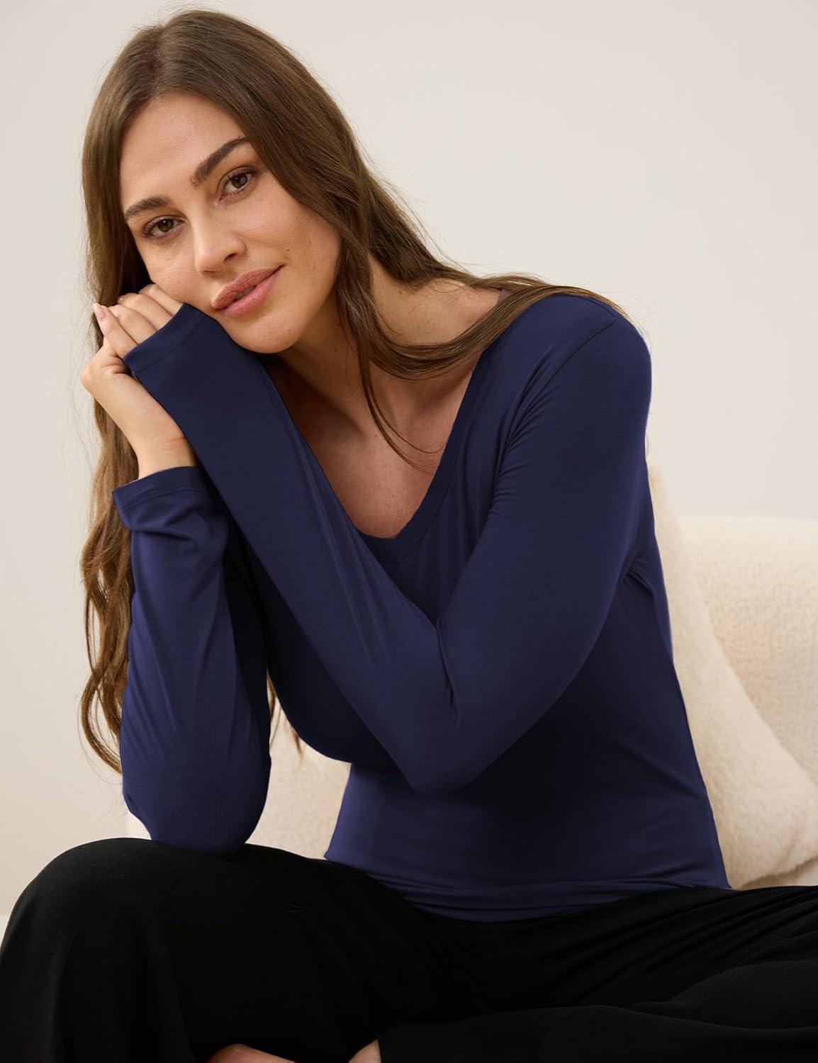 imageGYS Womens Pajama Tops Bamboo Viscose Soft and MoistureWicking Long Sleeve Underwear Base LayerV Necknavy