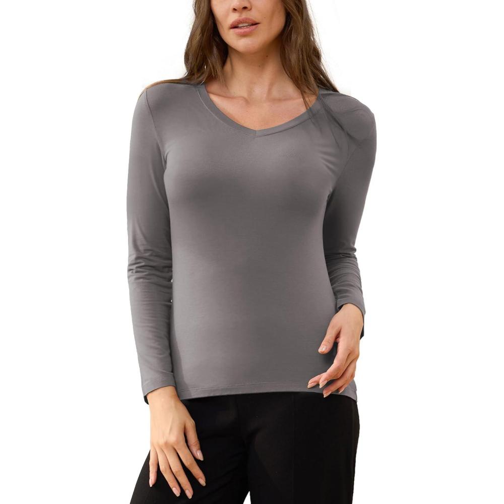 imageGYS Womens Pajama Tops Bamboo Viscose Soft and MoistureWicking Long Sleeve Underwear Base LayerV Neckgrey