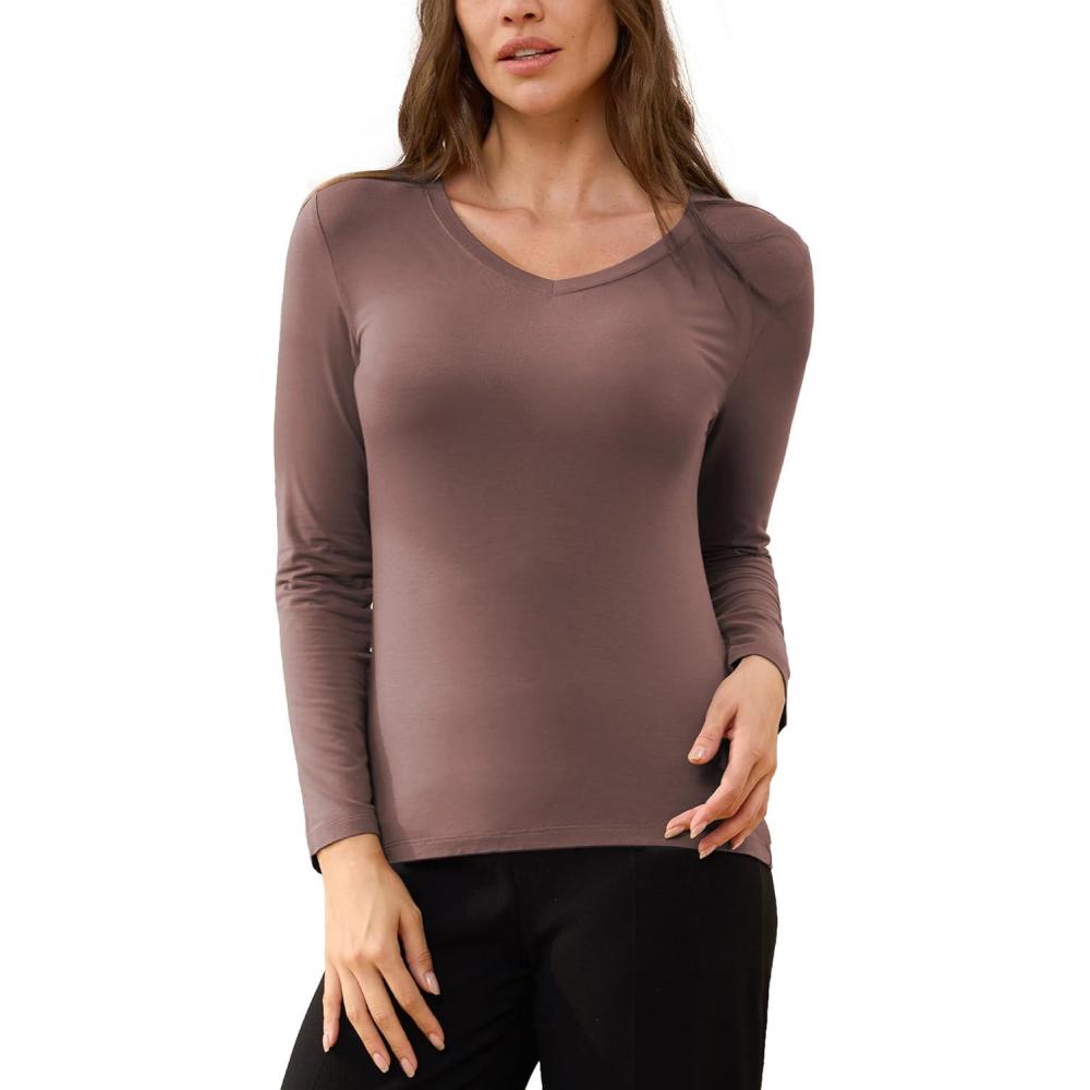 imageGYS Womens Pajama Tops Bamboo Viscose Soft and MoistureWicking Long Sleeve Underwear Base LayerV Neckkhaki