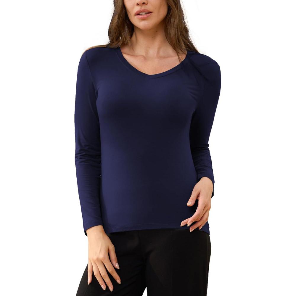 imageGYS Womens Pajama Tops Bamboo Viscose Soft and MoistureWicking Long Sleeve Underwear Base LayerV Necknavy