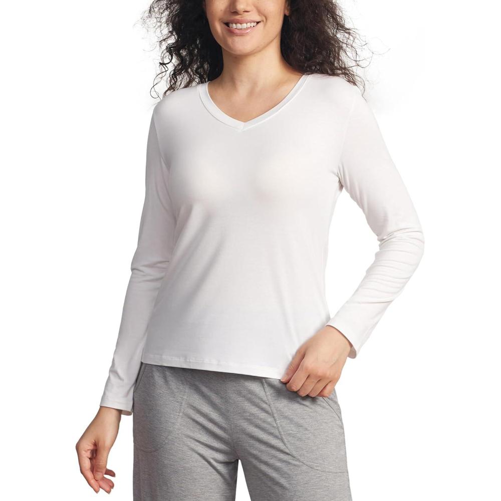 imageGYS Womens Pajama Tops Bamboo Viscose Soft and MoistureWicking Long Sleeve Underwear Base LayerV Neckwhite