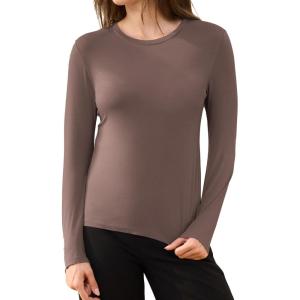 GYS Women’s Pajama Tops Bamboo Viscose Soft and Moisture-Wicking Long Sleeve Underwear Base Layer(Crew Neck-khaki)
