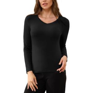 GYS Women’s Pajama Tops Bamboo Viscose Soft and Moisture-Wicking Long Sleeve Underwear Base Layer(V Neck-black)