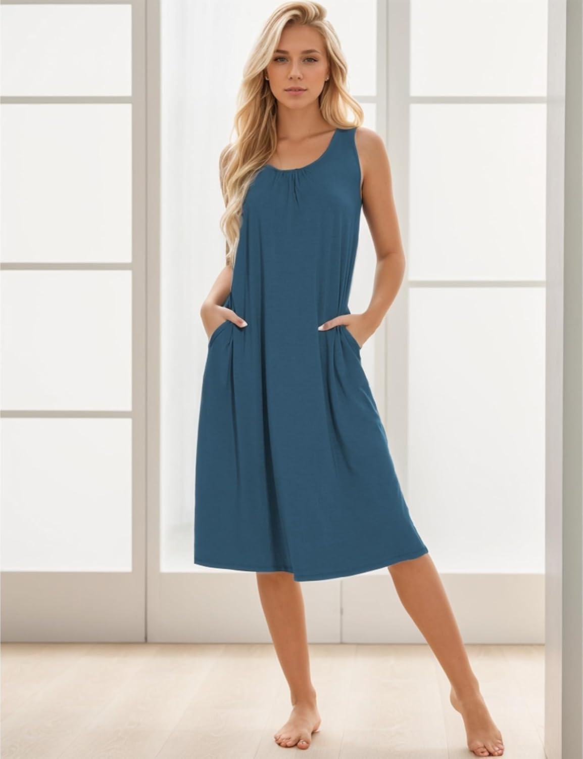 imageGYS Bamboo Viscose Nightgowns for Women with Pockets Soft Sleeveless Pajama DressTurquoise