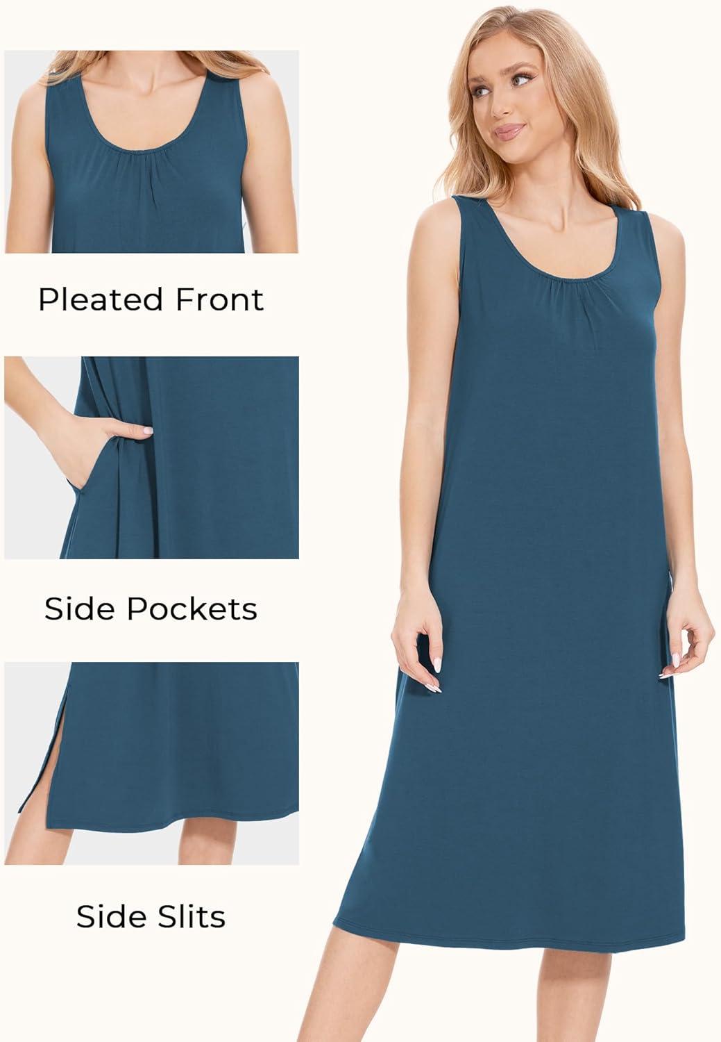 imageGYS Bamboo Viscose Nightgowns for Women with Pockets Soft Sleeveless Pajama DressTurquoise