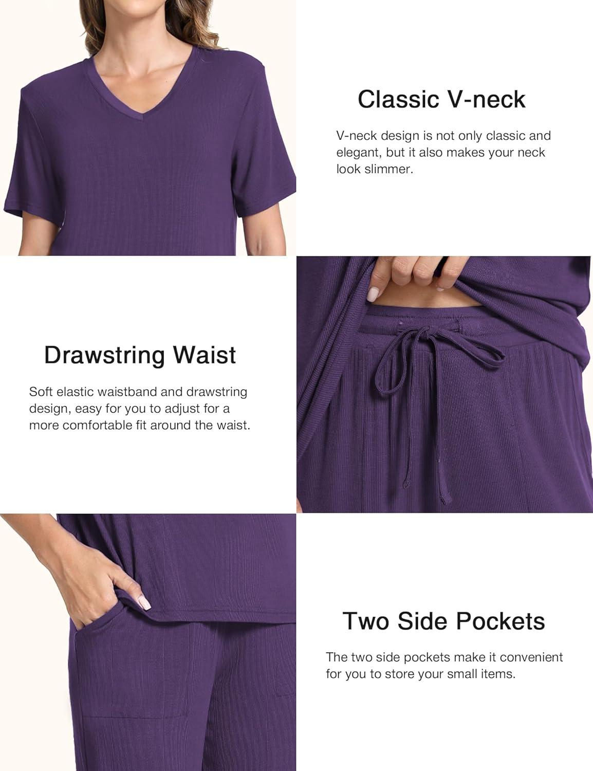 imageGYS Bamboo Viscose Sleep Sets for Women Short Sleeve VNeck Top and Capri Pants Pajama SetsPurple