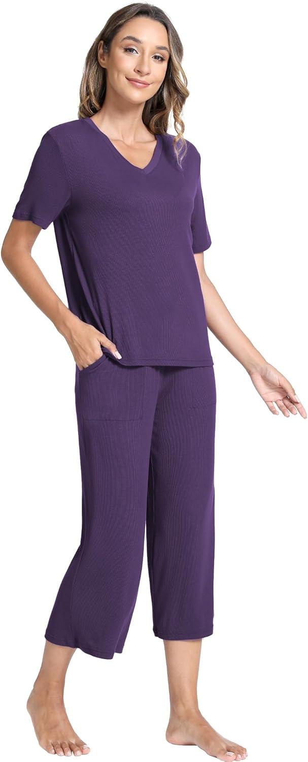 imageGYS Bamboo Viscose Sleep Sets for Women Short Sleeve VNeck Top and Capri Pants Pajama SetsPurple