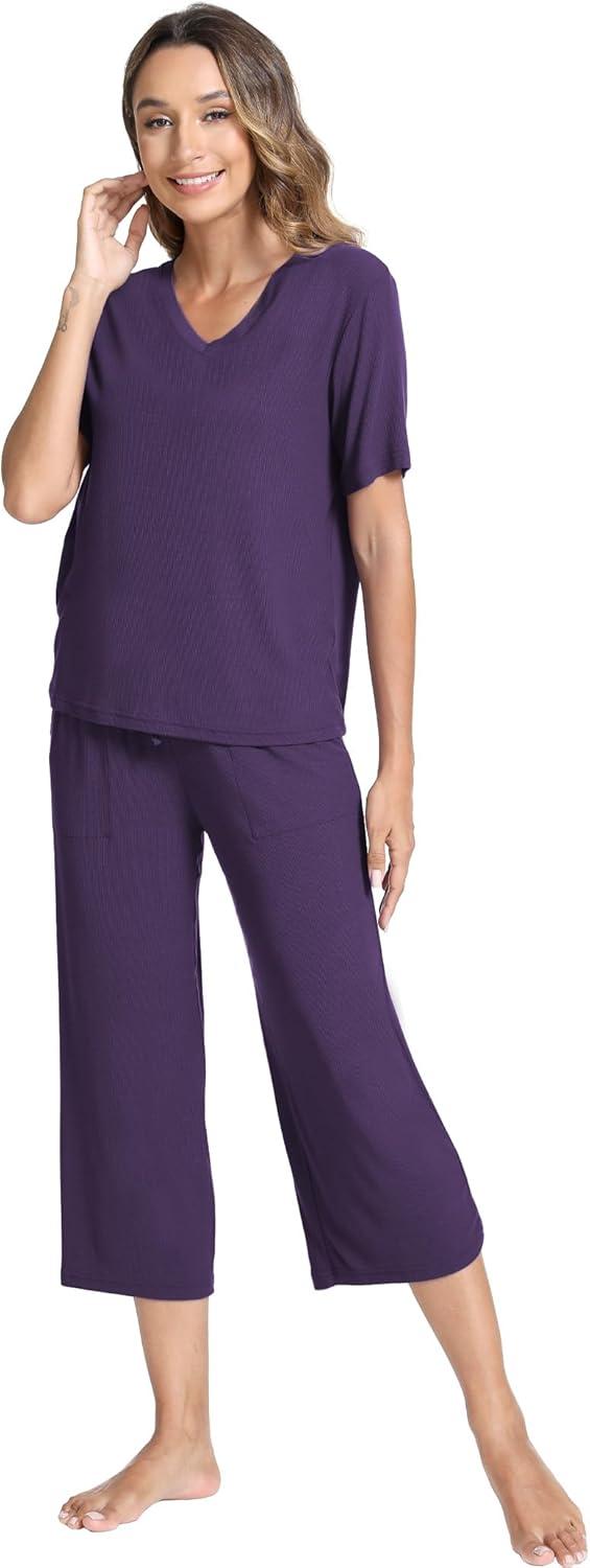 imageGYS Bamboo Viscose Sleep Sets for Women Short Sleeve VNeck Top and Capri Pants Pajama SetsPurple