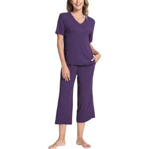 GYS Bamboo Viscose Sleep Sets for Women Short Sleeve V-Neck Top and Capri Pants Pajama Sets(Purple)