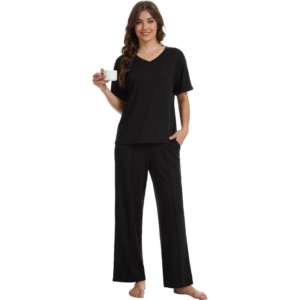 imageGYS Bamboo Viscose 2 Piece Outfits for Women Spring Summer Casual Lounge Sets for WFH Errands Travel AirportVneck Black