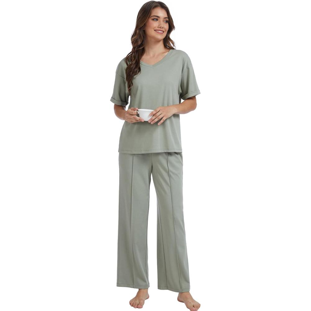 imageGYS Bamboo Viscose 2 Piece Outfits for Women Spring Summer Casual Lounge Sets for WFH Errands Travel AirportVneck Olive Green