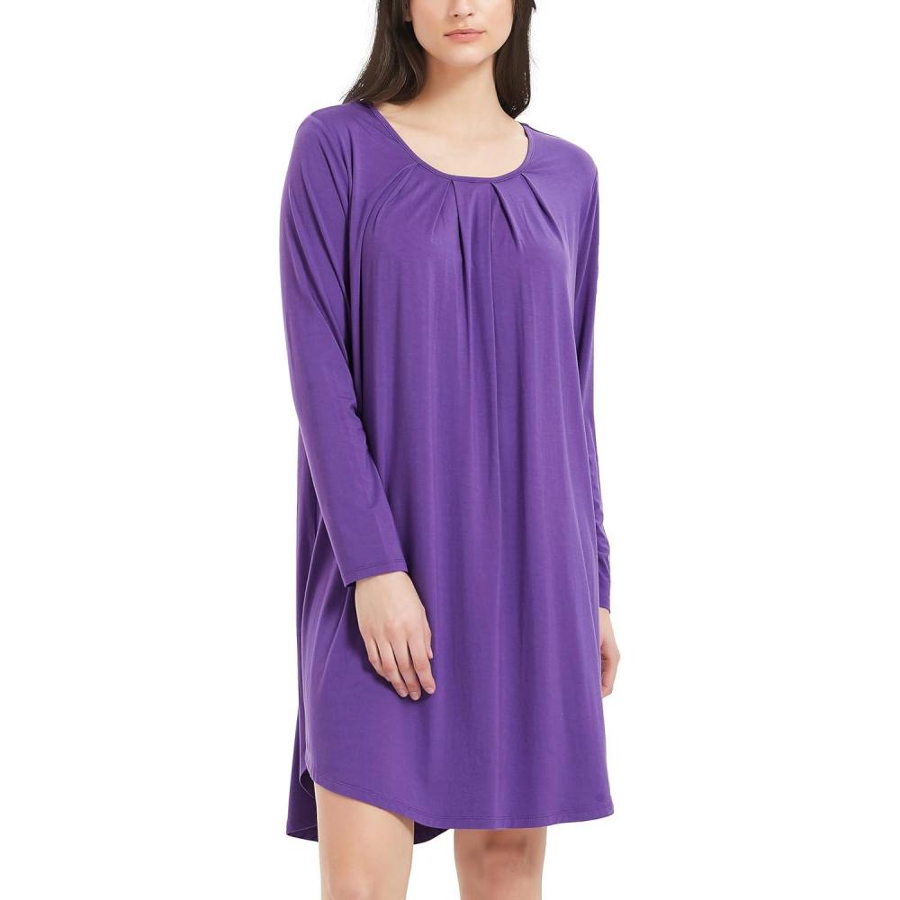 imageGYS Womens Nightgown Long Sleeve Viscose Made from Bamboo Soft Pleated Night Shirt House Dress Comfy SleepwearLilac