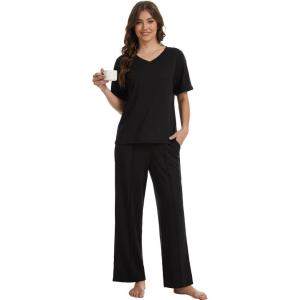 GYS Bamboo Viscose 2 Piece Outfits for Women Spring Summer Casual Lounge Sets for WFH, Errands, Travel, Airport(V-neck Black)