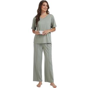 GYS Bamboo Viscose 2 Piece Outfits for Women Spring Summer Casual Lounge Sets for WFH, Errands, Travel, Airport(V-neck Olive Green​)