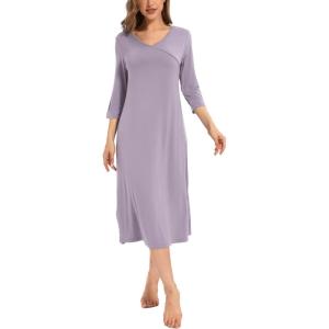 GYS Viscose Long Nightgown for Women, 3/4 Sleeves V Neck Sleep Dress Soft Lightweight Sleepwear Ladies Nightdress(Violet)