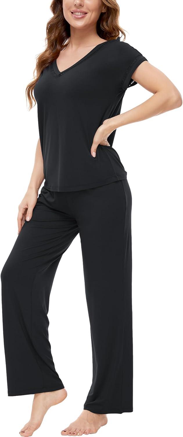 imageGYS Pajamas Set for Women Soft 2 Piece Sleepwear Short Sleeve Top and Pants Pj Lounge Sets Viscose Made from BambooBlack