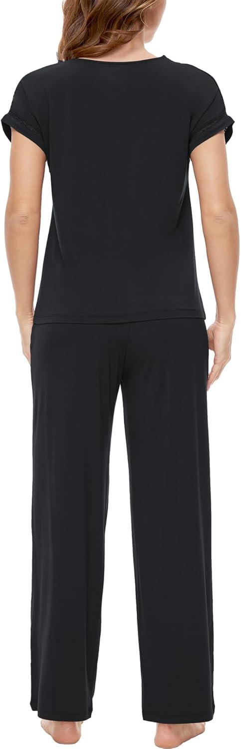 imageGYS Pajamas Set for Women Soft 2 Piece Sleepwear Short Sleeve Top and Pants Pj Lounge Sets Viscose Made from BambooBlack