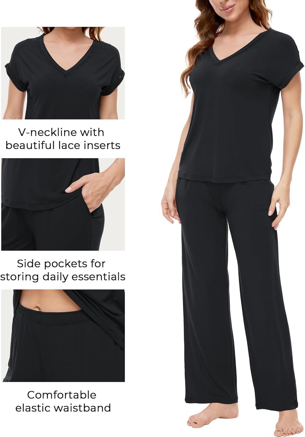 imageGYS Pajamas Set for Women Soft 2 Piece Sleepwear Short Sleeve Top and Pants Pj Lounge Sets Viscose Made from BambooBlack