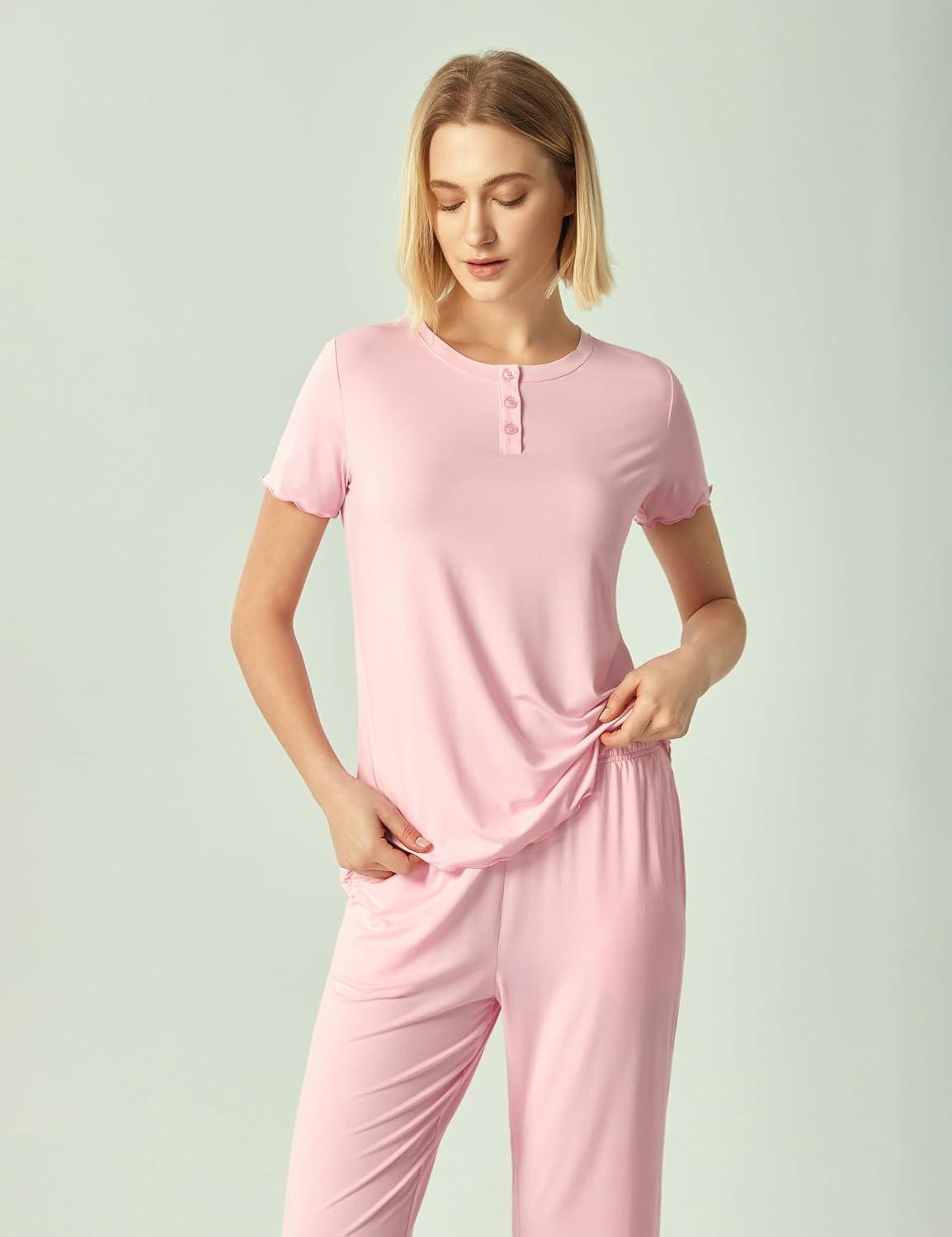 imageGYS Womens Bamboo Viscose Pajamas Short Sleeve Sleep Shirt and Flare Pj Pants Sleepwear SetPink