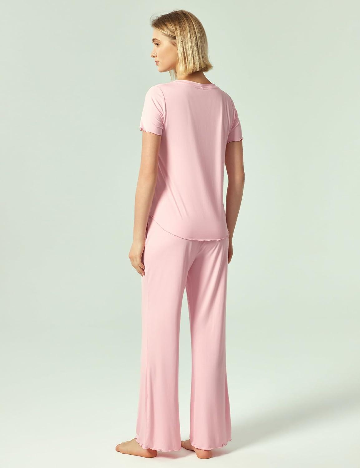 imageGYS Womens Bamboo Viscose Pajamas Short Sleeve Sleep Shirt and Flare Pj Pants Sleepwear SetPink