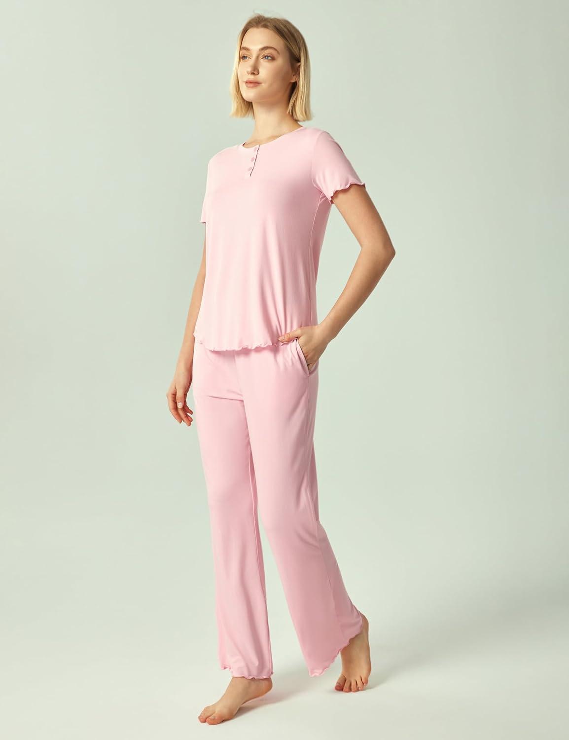 imageGYS Womens Bamboo Viscose Pajamas Short Sleeve Sleep Shirt and Flare Pj Pants Sleepwear SetPink