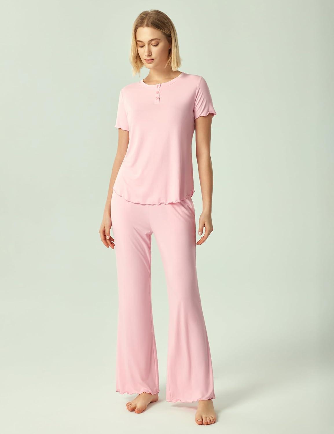 imageGYS Womens Bamboo Viscose Pajamas Short Sleeve Sleep Shirt and Flare Pj Pants Sleepwear SetPink