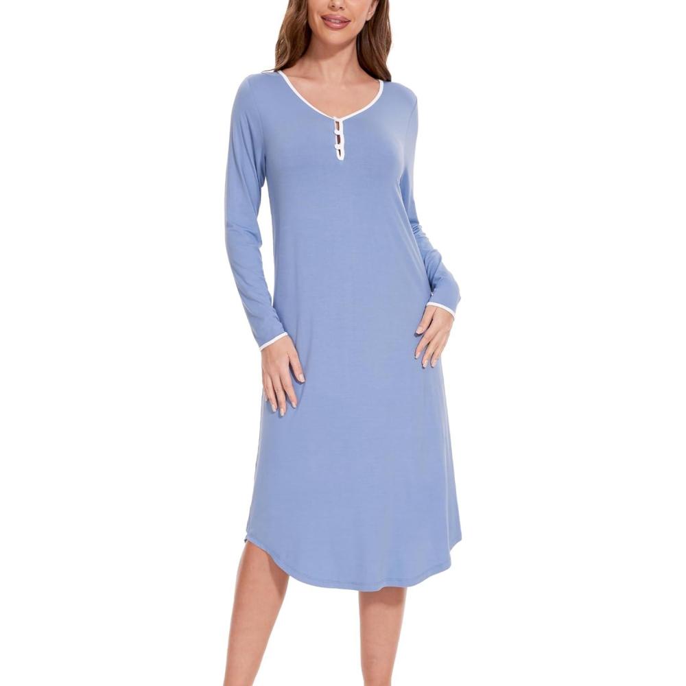 imageGYS Bamboo Viscose Long Nightgown for Women Soft Sleepwear Long Sleeve House Dress Night Shirt LoungewearVague Blue