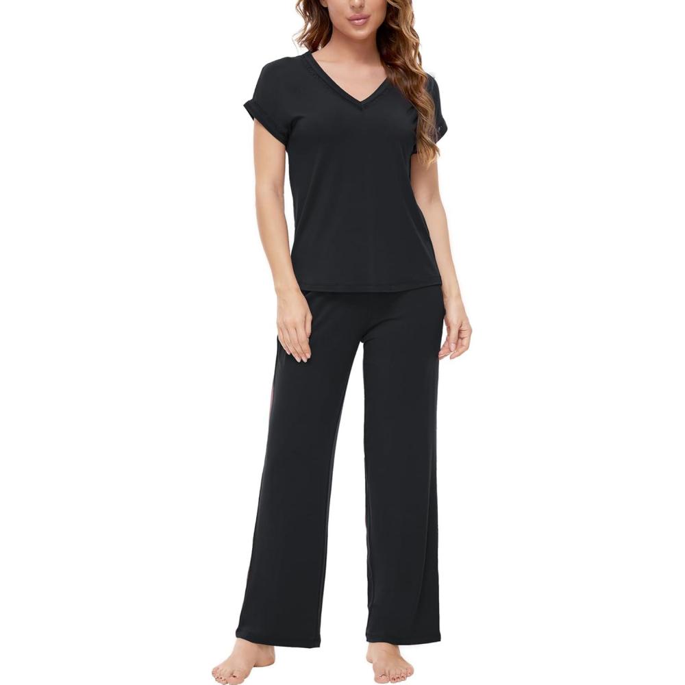 imageGYS Pajamas Set for Women Soft 2 Piece Sleepwear Short Sleeve Top and Pants Pj Lounge Sets Viscose Made from BambooBlack