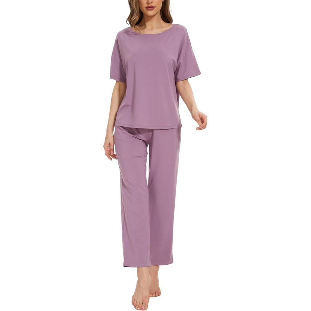 imageGYS Womens Bamboo Viscose Pajama Sets Short Sleeve Tee and Pants 2 Piece Sleepwear Soft Sleep Lounge SetPurple