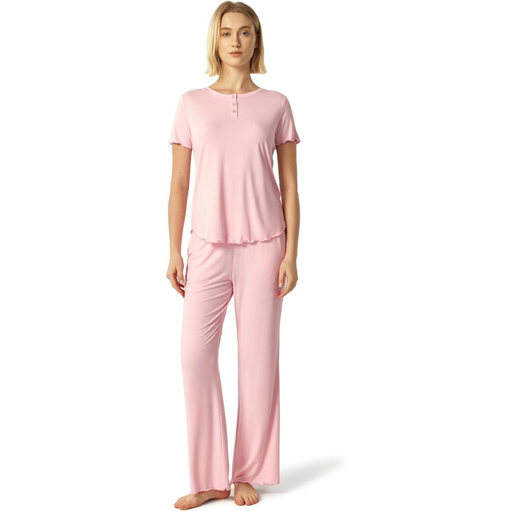 imageGYS Womens Bamboo Viscose Pajamas Short Sleeve Sleep Shirt and Flare Pj Pants Sleepwear SetPink