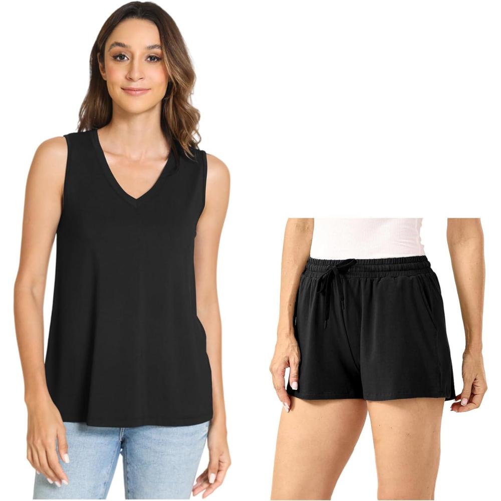 imageGYS Womens Bamboo Viscose Pajamas Summer Sleeveless Tank Top and Drawstring Pj Shorts Sleepwear Set