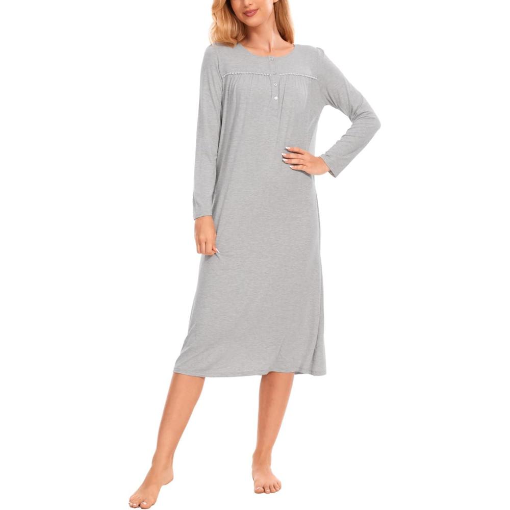 imageGYS Womens Nightgowns BambooDerived Viscose Long Sleeve Pajamas Dress Button Down Night GownsLight Heather Grey