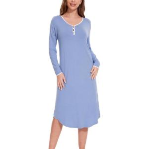 GYS Bamboo Viscose Long Nightgown for Women Soft Sleepwear Long Sleeve House Dress Night Shirt Loungewear(Vague Blue)