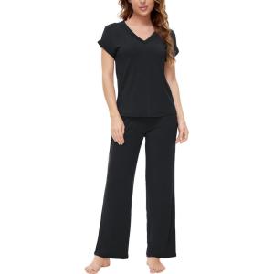 GYS Pajamas Set for Women Soft 2 Piece Sleepwear Short Sleeve Top and Pants Pj Lounge Sets, Viscose Made from Bamboo(Black)