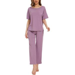 GYS Women’s Bamboo Viscose Pajama Sets Short Sleeve Tee and Pants 2 Piece Sleepwear Soft Sleep Lounge Set(Purple)