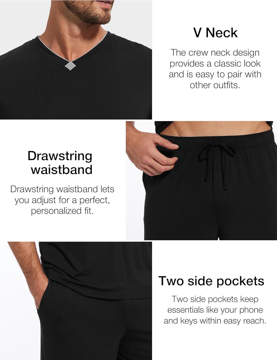 imageGYS Mens Pajama Sets Bamboo Viscose Short Sleeves and Shorts 2 Piece VNeck Pajamas for MenBlack