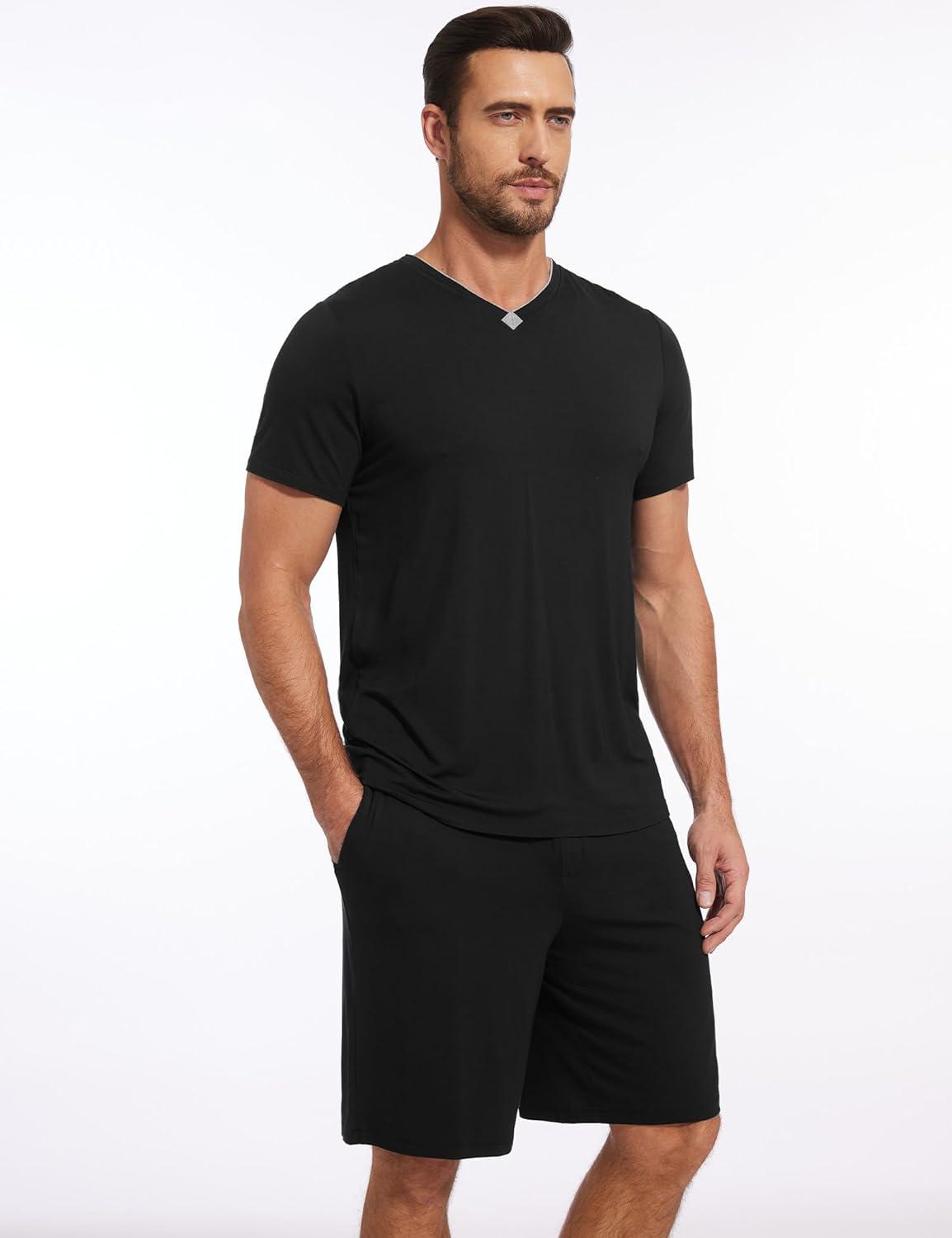 imageGYS Mens Pajama Sets Bamboo Viscose Short Sleeves and Shorts 2 Piece VNeck Pajamas for MenBlack