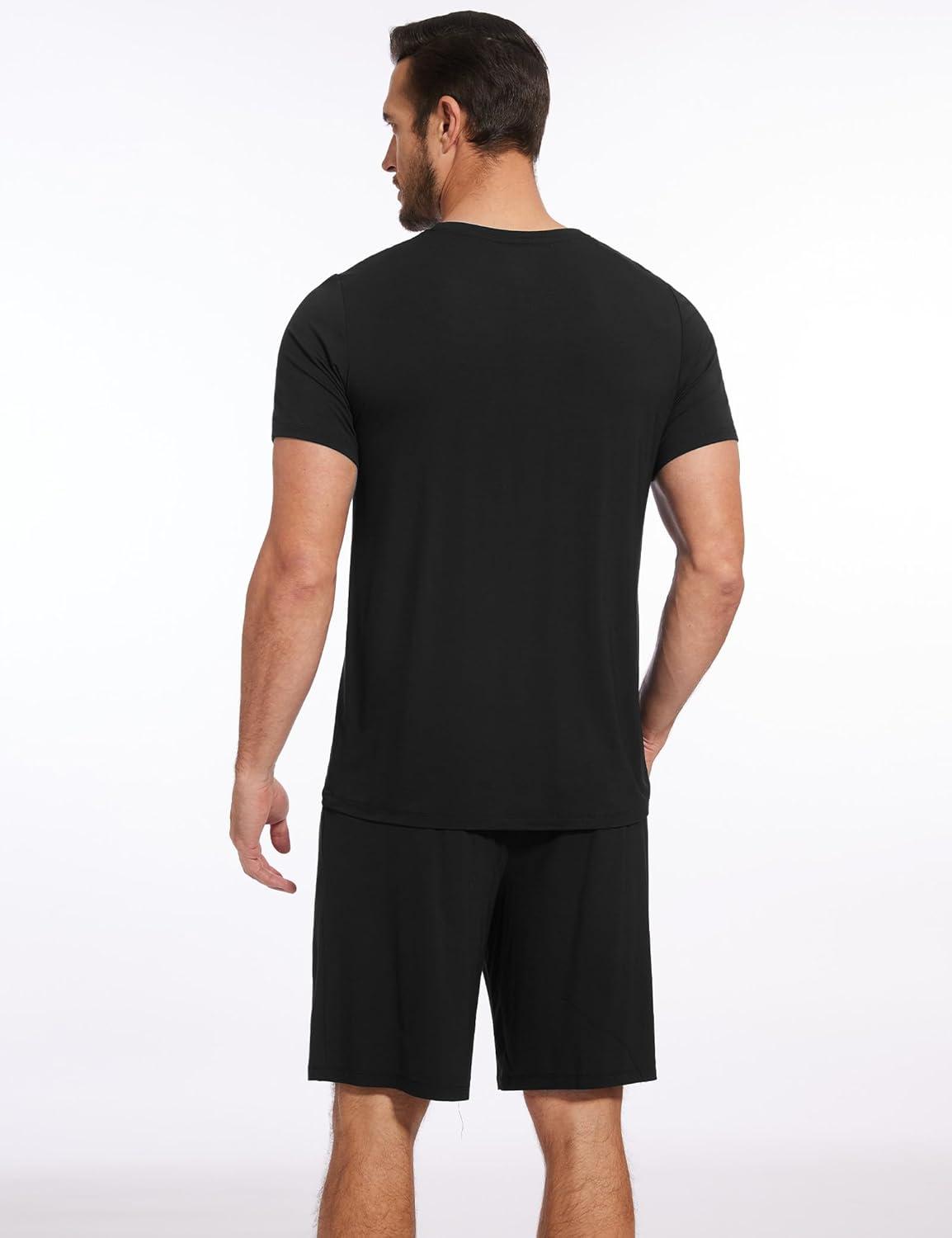 imageGYS Mens Pajama Sets Bamboo Viscose Short Sleeves and Shorts 2 Piece VNeck Pajamas for MenBlack