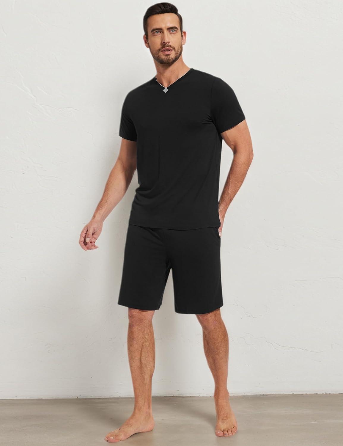 imageGYS Mens Pajama Sets Bamboo Viscose Short Sleeves and Shorts 2 Piece VNeck Pajamas for MenBlack