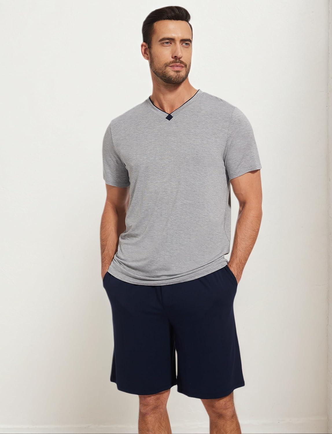 imageGYS Mens Pajama Sets Bamboo Viscose Short Sleeves and Shorts 2 Piece VNeck Pajamas for MenHeather GreyNavy